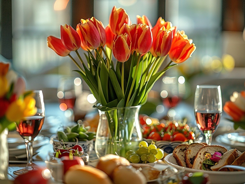 A full, atmospheric table set with snacks and drinks like grapes, strawberries, and bread, in the middle of the table stands a vase with orange and yellow tulips.